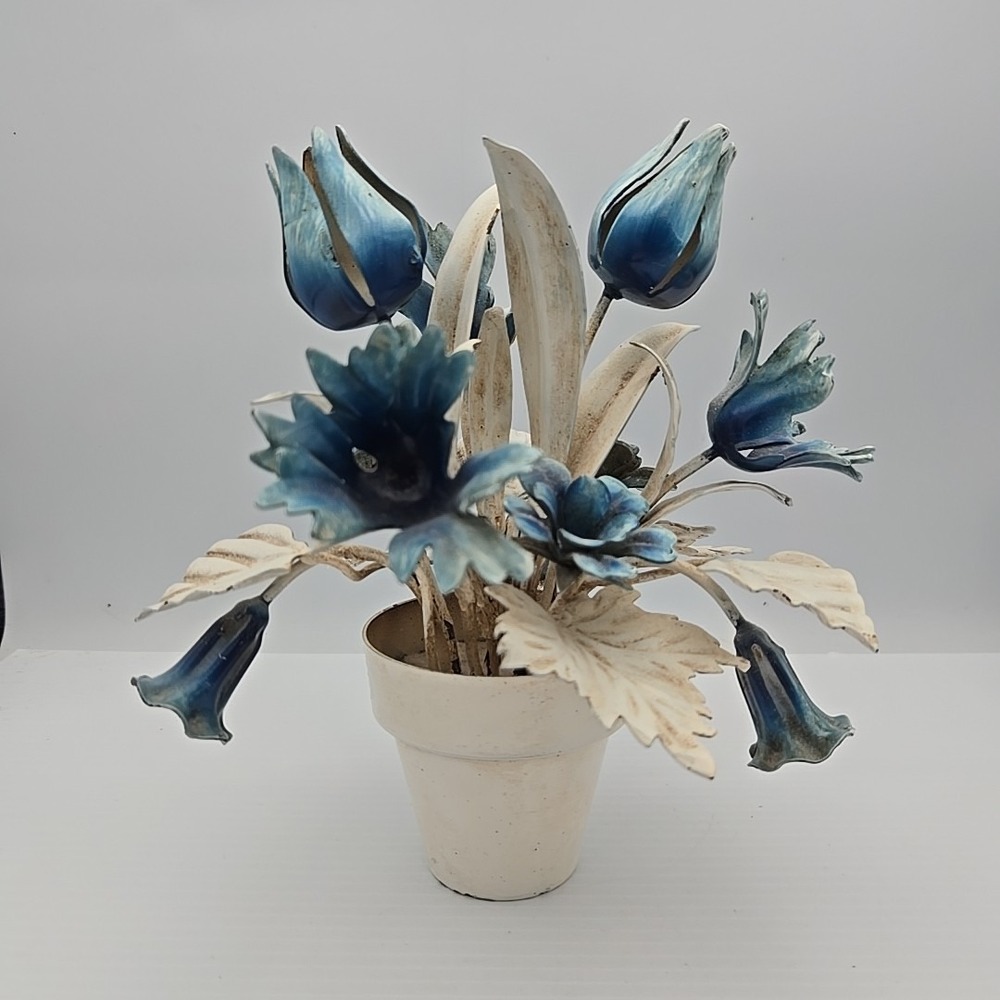 Vintage Italian Tole‎ Potted Blue & White Flowers / Floral Toleware Sculpture